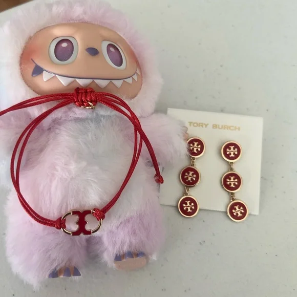 Tory Burch Gold-Tone Red Enamel Triple Drop Logo Earrings - Picture 12 of 13